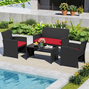 Conjunto de jardim em rattan com 4 peças: sofás de 2 lugares, mesa de vidro temperado e almofadas para exterior, varanda ou piscina, Preto+vermelho