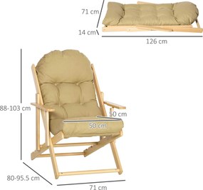Poltrona de sala dobrável e reclinável em madeira com almofada acolchoada espessa - 71 x 89 x 96 cm, castanho claro