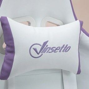 Cadeira Gaming de Couro PU com Altura Ajustável Reclinável 135° e Apoio para os Pés Retrátil 65x65x121-129 cm Branco e Roxo