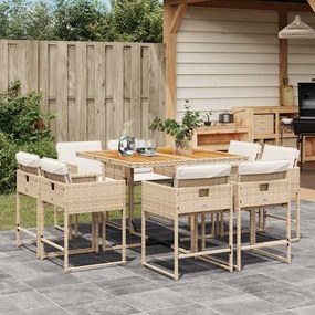 vidaXL 9 pcs conjunto de jantar p/ jardim com almofadões vime PE bege