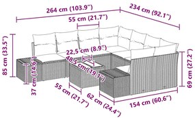 Conjunto de Sofá de Jardim com 9 Peças e Almofadas Cinzas em Rattan Si