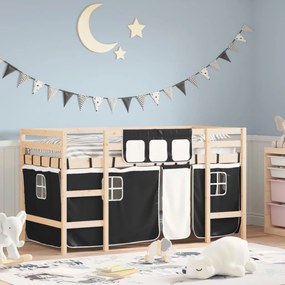 vidaXL Cama alta criança c/ cortina 90x190cm pinho maciço branco/preto