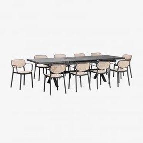 Conjunto De Mesa Retangular Extensível Karena 240-300x100 Cm E 10 Cadeiras De Jardim Empilháveis Com Apoios De Braços Omara Cinza Grafito - Sklum