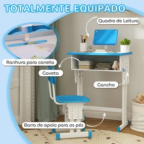 Conjunto de Secretária e Cadeira para Crianças com Altura Ajustável 1 Gaveta e 1 Prateleira para Livros 60x45x90-120 cm Azul