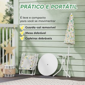 Conjunto Infantil de Mesa e Cadeiras de Jardim 4 Peças Cadeiras Dobráveis Chapéu de Sol Ajustável Design de Elefantes Branco
