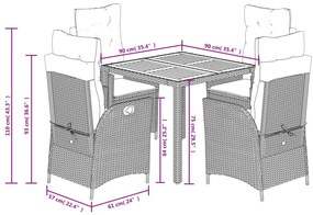 5 pcs conjunto de jantar p/ jardim c/ almofadões vime PE cinza