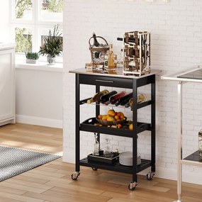 Carrinho de cozinha com prateleira para garrafas, 60L x 40P x 85A cm, tabuleiro em aço inoxidável. Preto