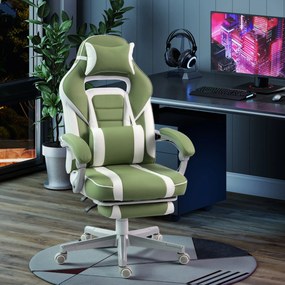 Cadeira Gamer Reclinável com Altura Ajustável Apoio para os Pés Retrátil Suporte Lombar e Almofada de Cabeça Amovível Verde