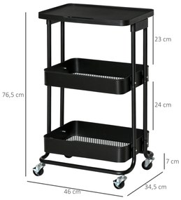 HOMCOM Carrinho de Cozinha com Rodas Carrinho de Armazenamento de 3 Níveis e Rodas com Freio para Sala de Estar Dormitório Escritório 46x34,5x76,5cm Preto