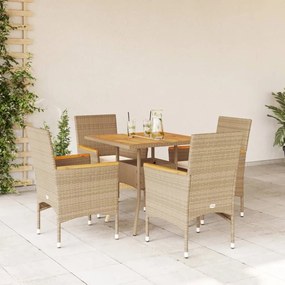 vidaXL 5 pcs conjunto jantar jardim c/ almofadões vime PE/acácia bege