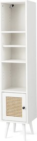 Estante em rattan estreito 29,5 x 29,5 x 137 cm com porta e prateleira ajustável para sala de estar Branco
