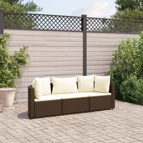 3 pcs conjunto sofás de jardim com almofadões vime PE castanho