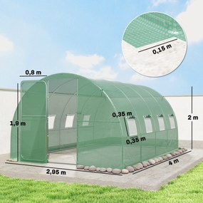 Estufa tipo túnel para jardim 295 x 400 x 200 cm, de 12 m², estufa tipo túnel para jardim com porta e 8 janelas, lona de PE de 140 g/m² verde