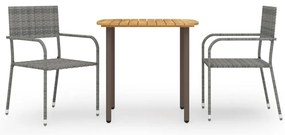 3 pcs conjunto de jantar para jardim vime PE cinzento