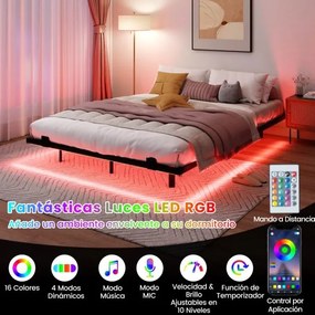 Estrutura de cama flutuante com luzes LED 200 x 140 x 24,5 cm de metal para colchão (COLCHÃO NÃO INCLUIDO) Base de ripas Somier preto