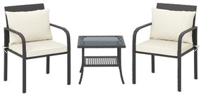 Conjunto de Jardim de 3 Peças com 2 Cadeiras e Mesa com Prateleira e Bancada de Vidro Castanho Escuro e Creme