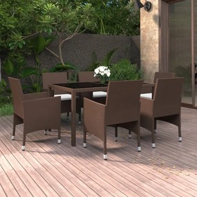 vidaXL 7 pcs conj. jantar p/ jardim vime PE e vidro temperado castanho