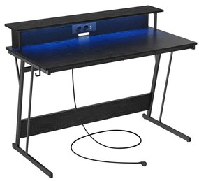 Mesa de jogos VASAGLE com LED e faixa de energia, mesa de jogador, mesa de computador com elevador de tela, para 2 computadores, para quarto, 60 x 120 x 76 cm, preto clássico LWD192B56