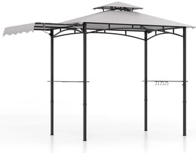 Gazebo para churrasco de 318 x 153 cm com cobertura lateral, estrutura de metal, cobertura de 2 níveis e 2 prateleiras, cinza escuro