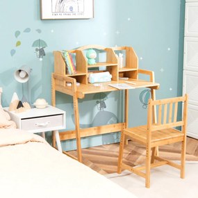 Conjunto de Mesa e Cadeira Bambu para Crianças Altura Ajustável Prateleira Natural