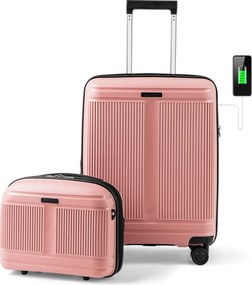 Conjunto 2 Malas de Viagem: mala de mão de 20“ e estojo cosmético de 14” com porta USB. Estrutura em PP com fechadura Rosa