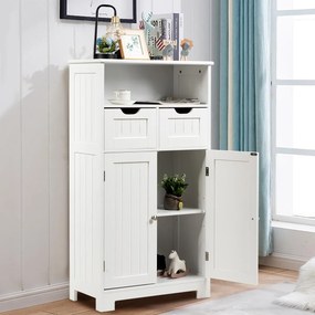 Armário de casa de banho com prateleira aberta 2 portas e 2 gavetas 60 x 30 x 109 cm Branco