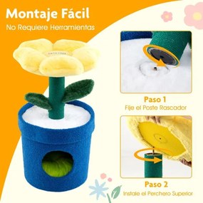 Arranhador Gatos 43 x 43 x 72,5 cm de 3 níveis com mirante superior e ama privado Poste para arranhar Centro de atividades para gatinhos Amarelo