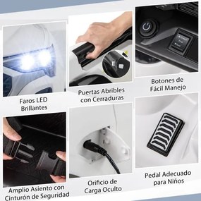 Carro elétrico para crianças de 12 V com controlo remoto de 2,4 G Luzes LED Arranque suave e suspensão com molas Branco