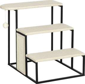 PawHut Escada para Gatos, com arranhador, 3 degraus, bolinha de brincar, robusta, Aço+Sisal, creme branco+preto, 51 x 54 x 53cm | Aosom Portugal
