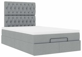 Estrutura de cama otomana com colchão cinza claro tecido
