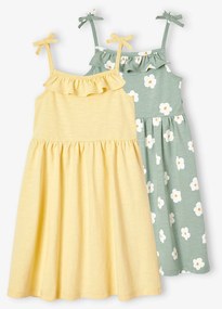 Lote de 2 vestidos de alças, 1 estampado + 1 liso, para menina verde-salva