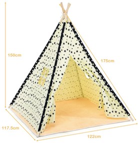 Tenda Tipi para crianças Tenda Tipi Dobrável Interior com Janelas de Algodão e Cabana de Madeira 122 x 117,5 x 150 cm