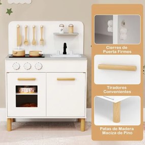 Cozinha de brincar para crianças em madeira com luzes, sons, fogão, lava-loiça, forno e acessórios branca
