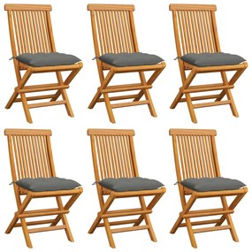 vidaXL Cadeiras de jardim c/ almofadões cinzentos 6 pcs teca maciça