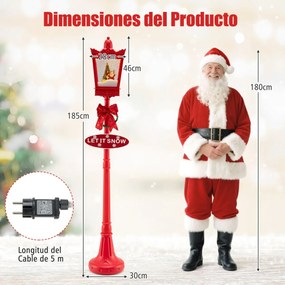 Candeeiro Natal musical natalina com 185 cm com luzes LED brancas quentes Efeitos de neve Base recarregável Vermelho
