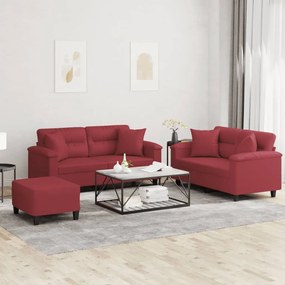 vidaXL 3 pcs conjunto sofás c/ almofadas couro artif. vermelho tinto