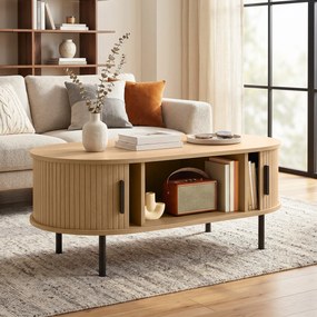 Mesa de Centro com Portas Deslizantes Mesa de Café Oval com Armazenamento Oculto 100x55x40 cm Natural