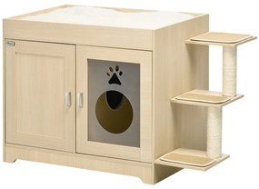 PawHut Caixa de Areia para Gatos de Madeira com Cama Almofada Suave 3 Plataformas e Postes de Sisal 107x54x70cm Carvalho