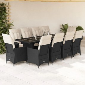 vidaXL 11 pcs conjunto de bistrô p/ jardim c/ almofadões vime PE preto