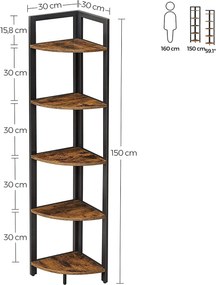 Estante de canto com 5 prateleiras 30 x 30 x 150 cm Castanho Vintage-preto