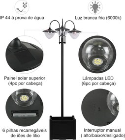 Candeeiro Solar de Jardim com Floreira – 60x55x189 cm – Preto – Luzes