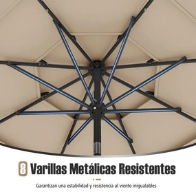 Guarda-sol Jardim de 313 cm com 32 luzes LED Teto ventilado de 3 níveis Ajuste de inclinação Bege