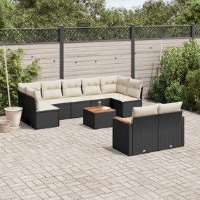 10 pcs conjunto sofás de jardim c/ almofadões vime PE preto
