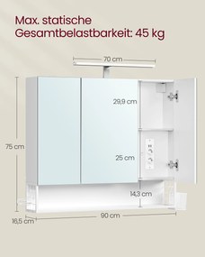 Armário de casa de banho parede com 3 portas 16,5 x 90 x 75 cm branco nuvem