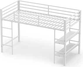 Cama Alta Infantil com Estantes para Arrumação, 196 x 96 x 126 cm (COLCHÃO NÃO INCLUIDO), Estrutura Metálica Reforçada, Branco