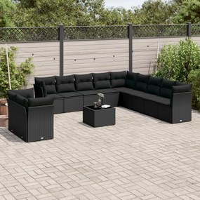 vidaXL 12 pcs conjunto de sofás de jardim c/ almofadões vime PE preto