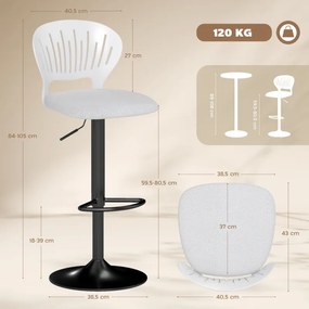 Conjunto de 2 Bancos Altos de Cozinha Giratórios a 360° Reguláveis em Altura de 84-105 cm 40,5x43x84-105 cm Branco