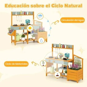 Cozinha de brincar ao ar livre para crianças de madeira 115 x 34,5 x 92 cm com jardineira Pia removível Torneira Fogões Depósito de água amarelo