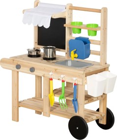 AIYAPLAY Cozinha de Lama Infantil Exterior, cozinha de brincar em madeira com torneira real, pia, fogão, prateleira, reservatório de água, madeira natural | Aosom Portugal
