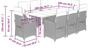 9 pcs conjunto de jantar p/ jardim c/ almofadões vime PE preto